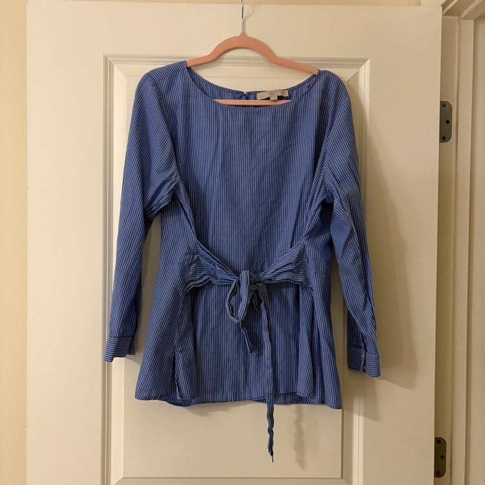 LOFT 100% cotton Blue Pinstripe Blouse with Tie Waist